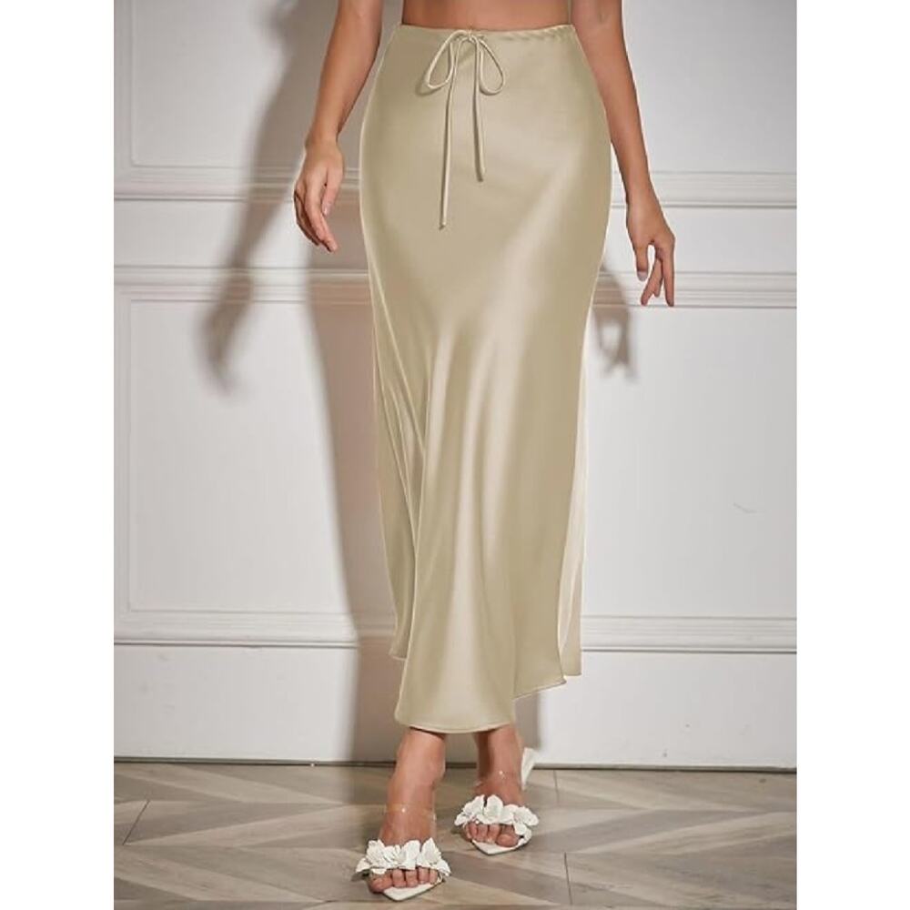 Women's Maxi Skirts Satin Drawstring High Waisted Silk Elegant Flowy Casual